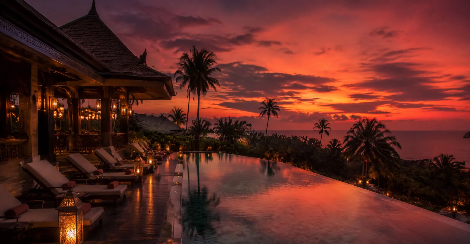 Resort infinity pool at sunset in Malaysia
